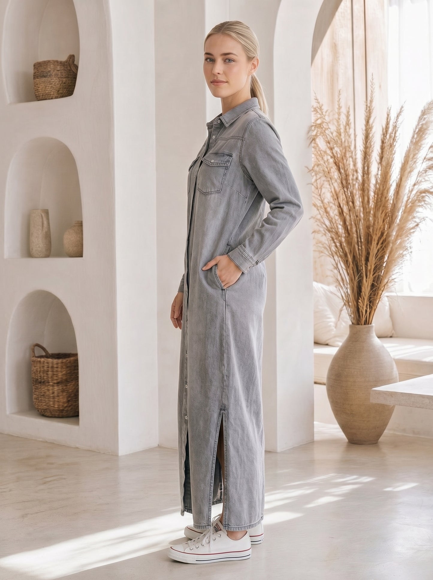Wren™ Maxi Shirt Dress – Grey side view