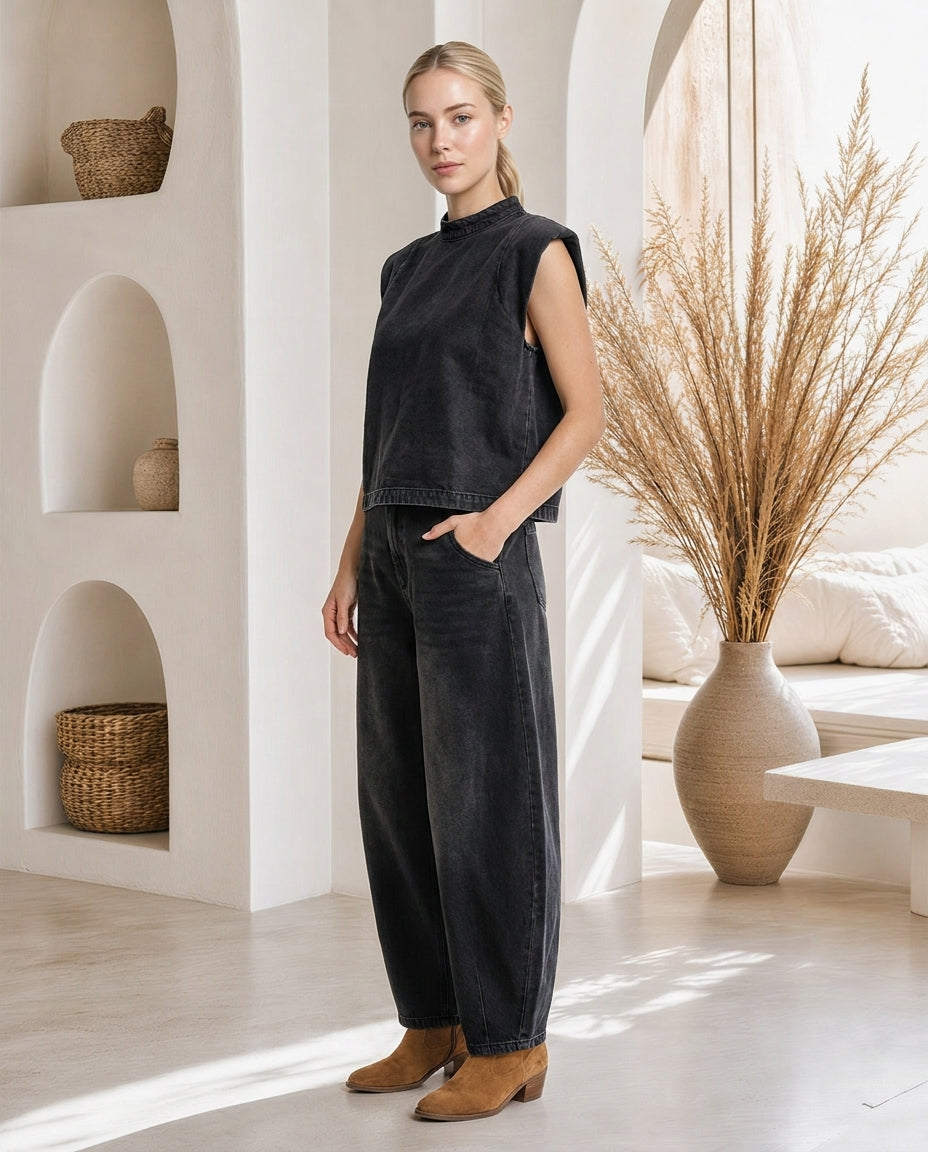 Denim Co-Ord Set Washed Black – Side
