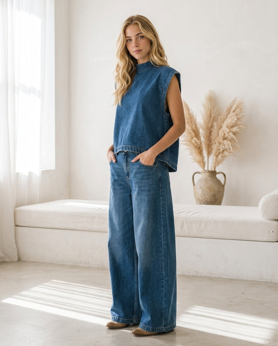 Denim Co-Ord Set Mid-wash Blue – Front