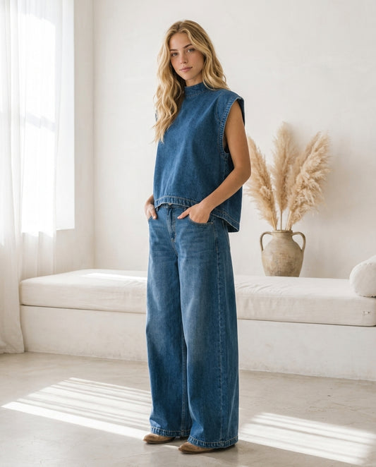 Denim Co-Ord Set Mid-wash Blue – Front