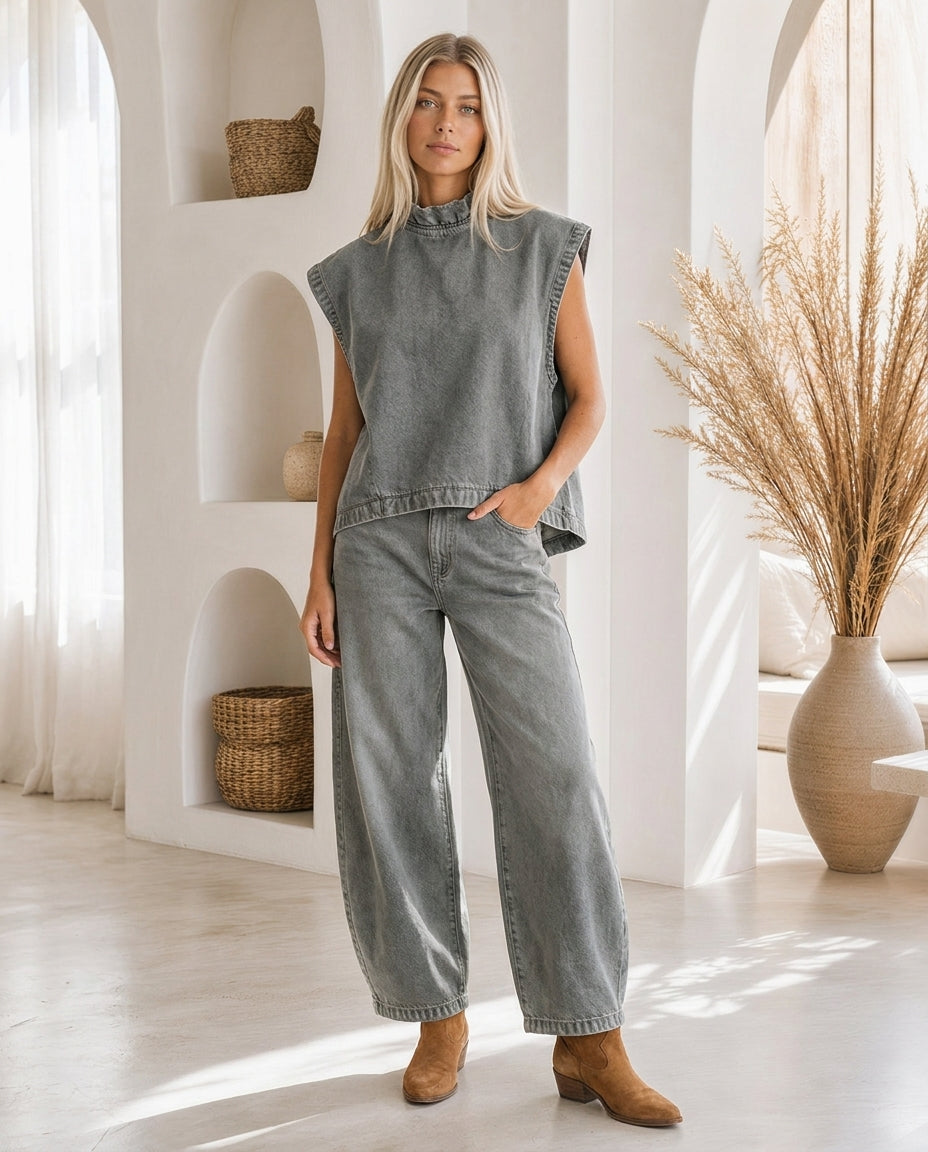 Denim Co-Ord Set Ash Grey – Front