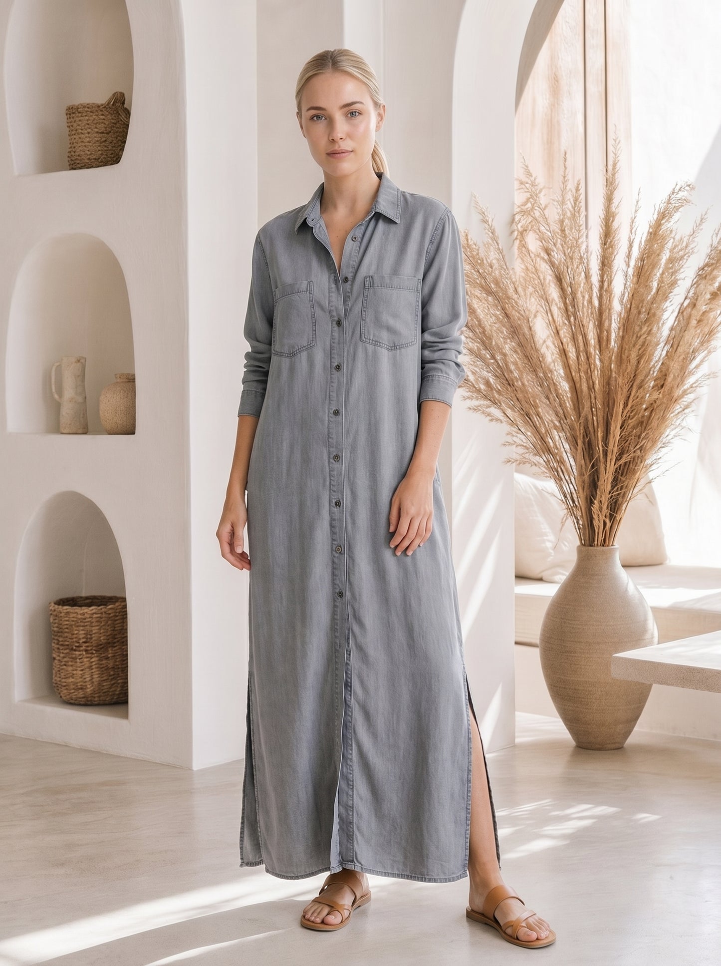 Wren™ Maxi Shirt Dress – Grey front view
