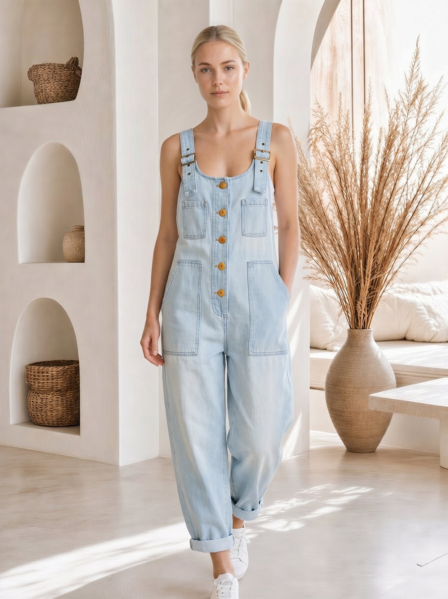 Sienna™ Barrel-Leg Denim Overalls – Sky Blue front view