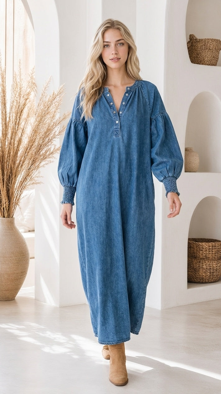 Harper Denim Maxi Dress – Front