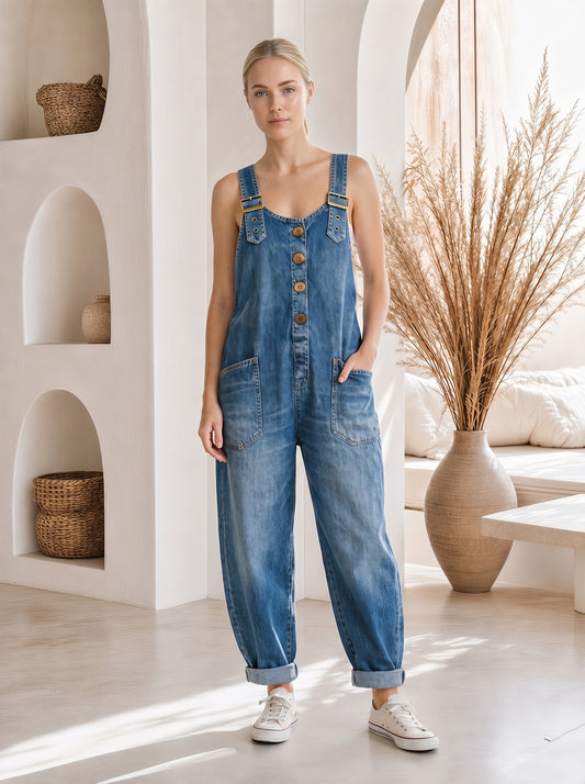 Sienna™ Barrel-Leg Denim Overalls – Mid-Wash Blue front view