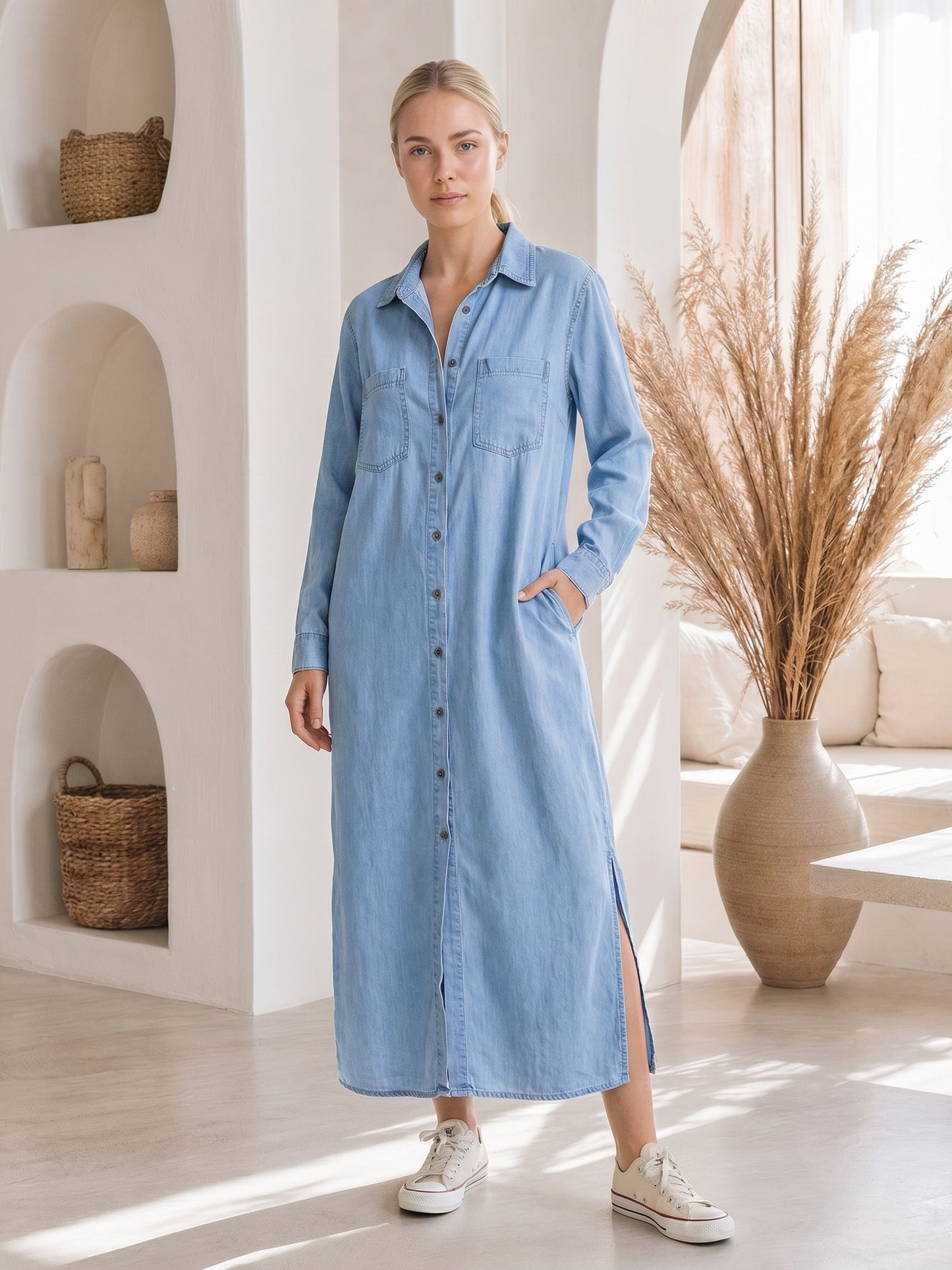 Wren™ Maxi Shirt Dress – Light Blue front view