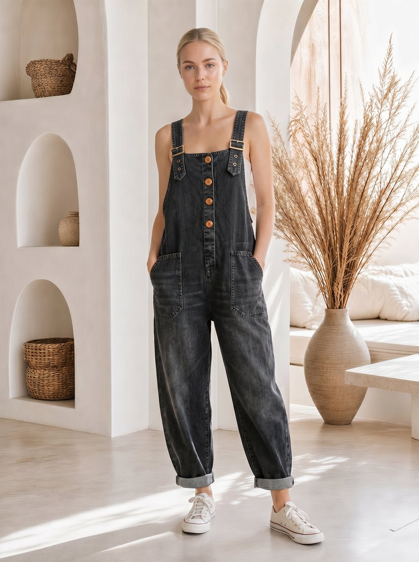 Sienna™ Barrel-Leg Denim Overalls – Black front view