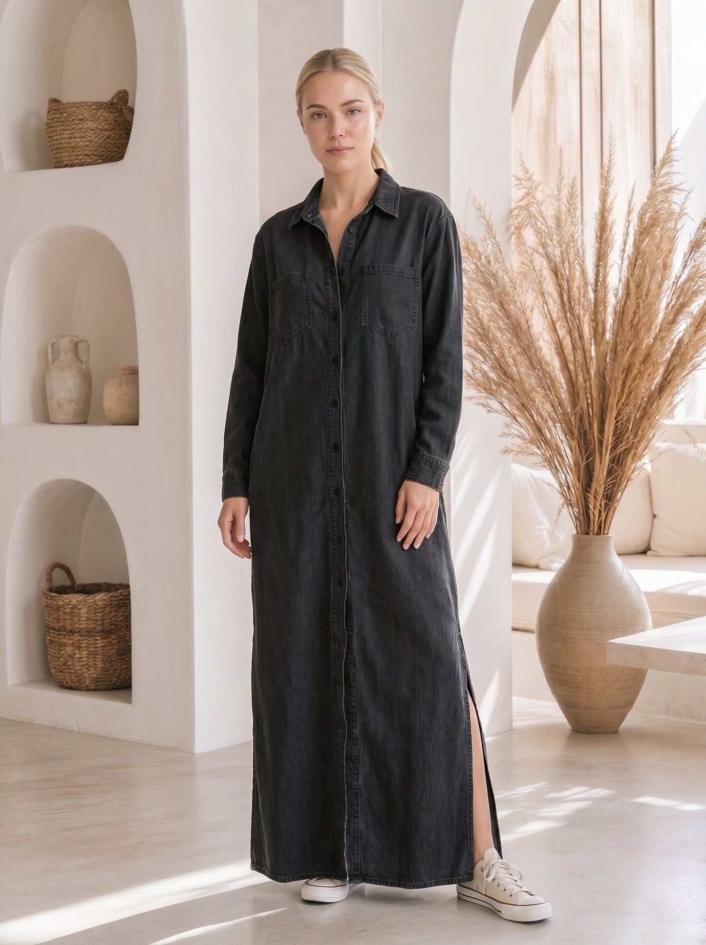 Wren™ Maxi Shirt Dress – Black front view