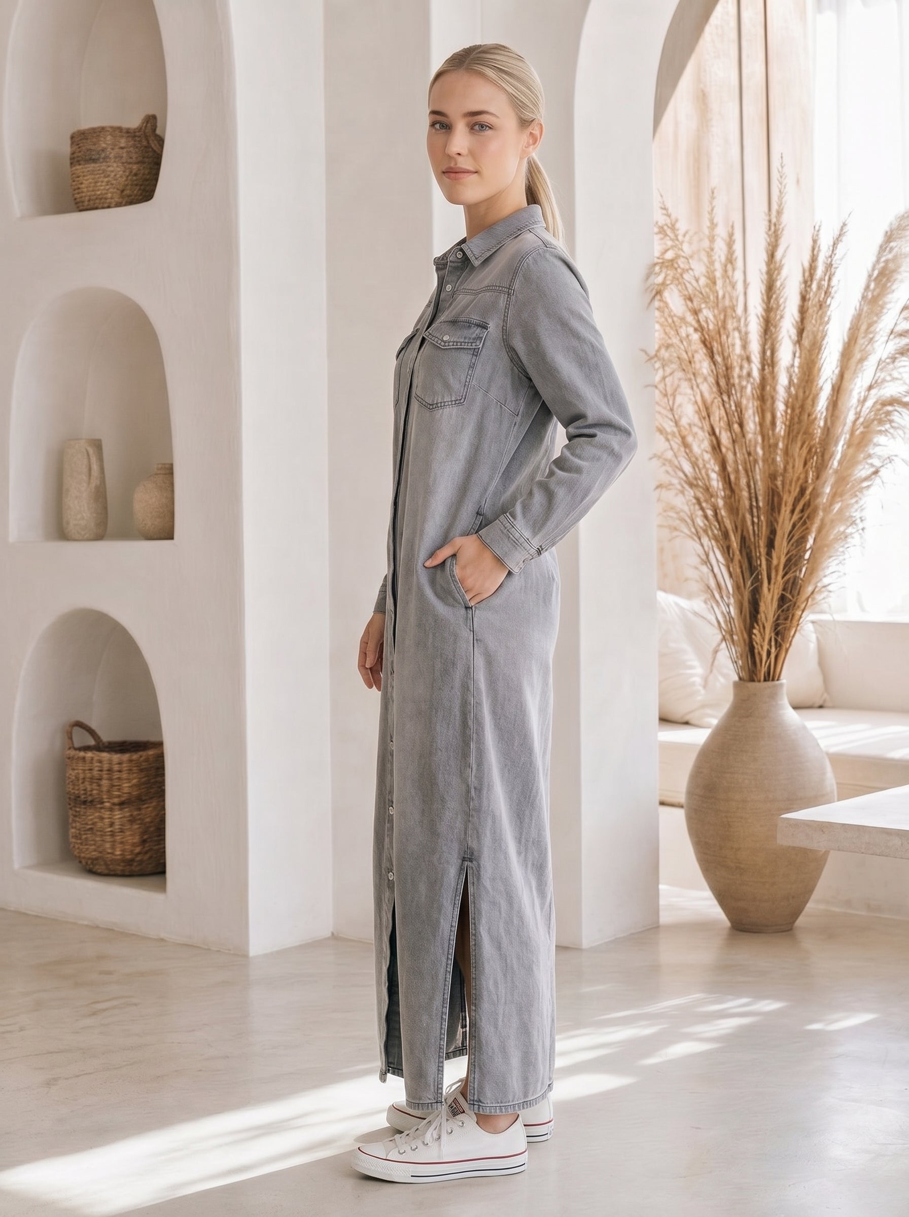 Wren™ Maxi Shirt Dress – Grey side view