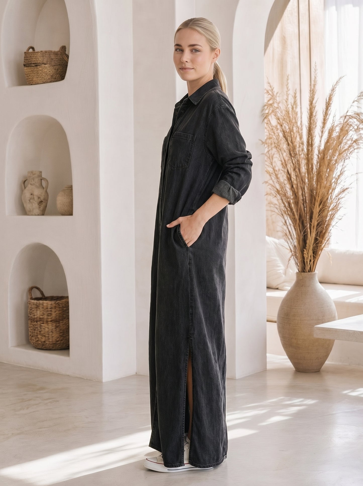 Wren™ Maxi Shirt Dress – Black side view