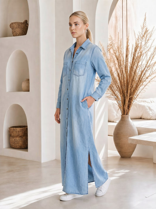 Wren™ Maxi Shirt Dress – Light Blue side view