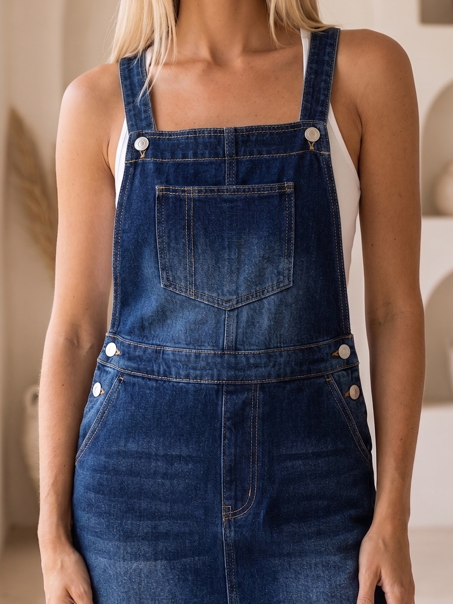 Clara Denim Midi Pinafore Dress — Detail