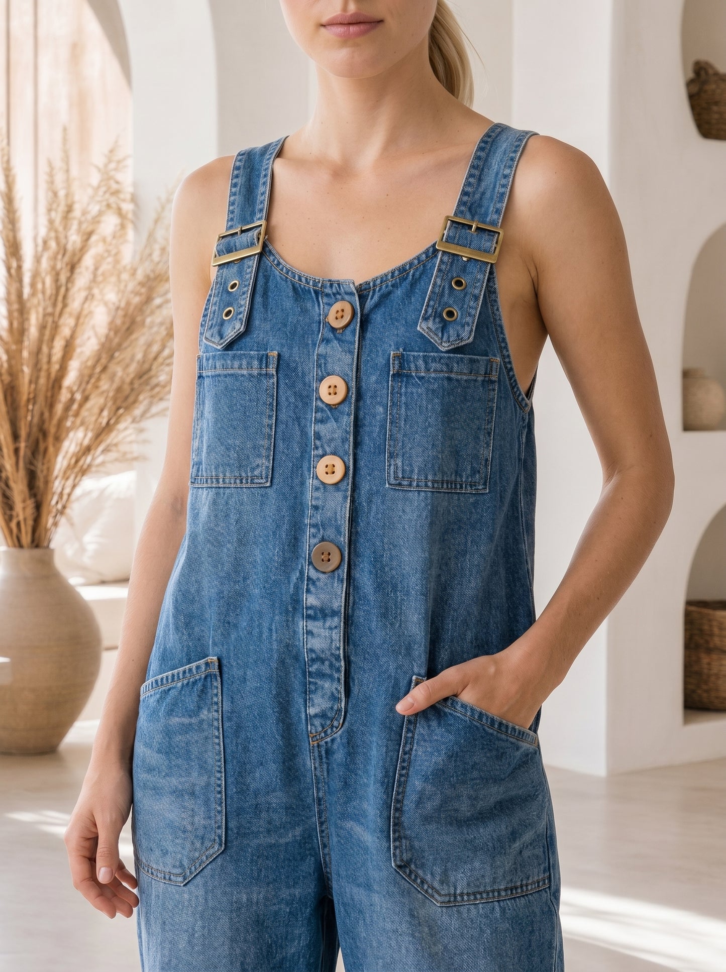Sienna™ Barrel-Leg Denim Overalls – bib and pocket detail