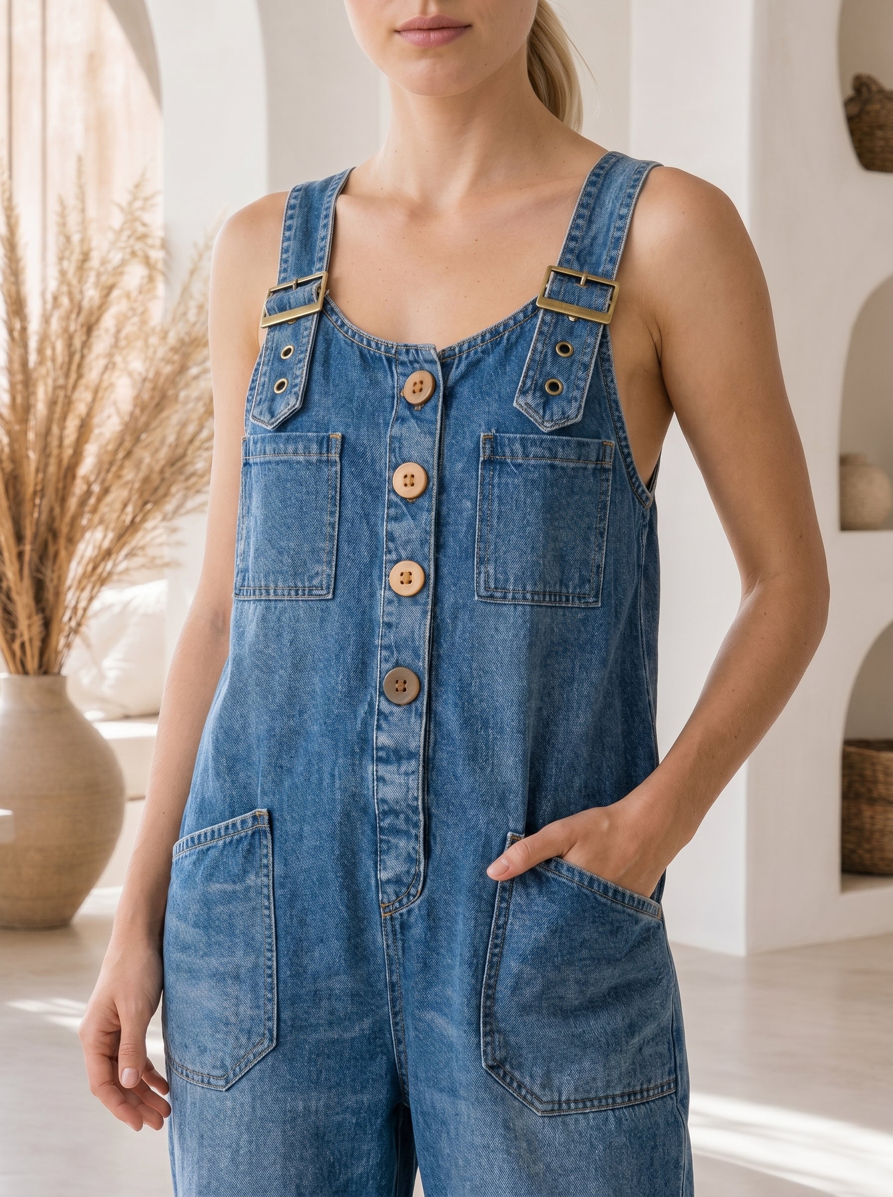 Sienna™ Barrel-Leg Denim Overalls – bib and pocket detail