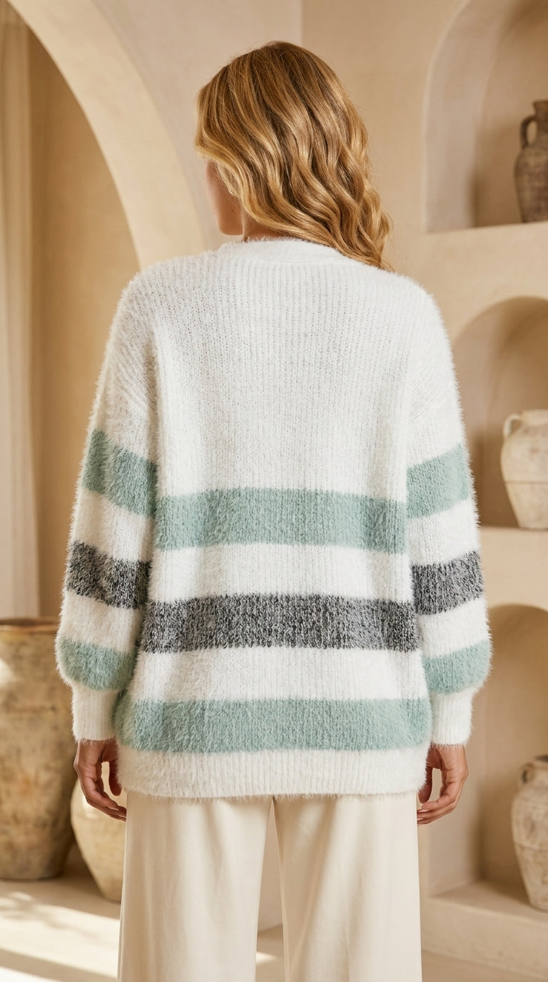 Colette Striped Fluffy Knit Cardigan — Mint
