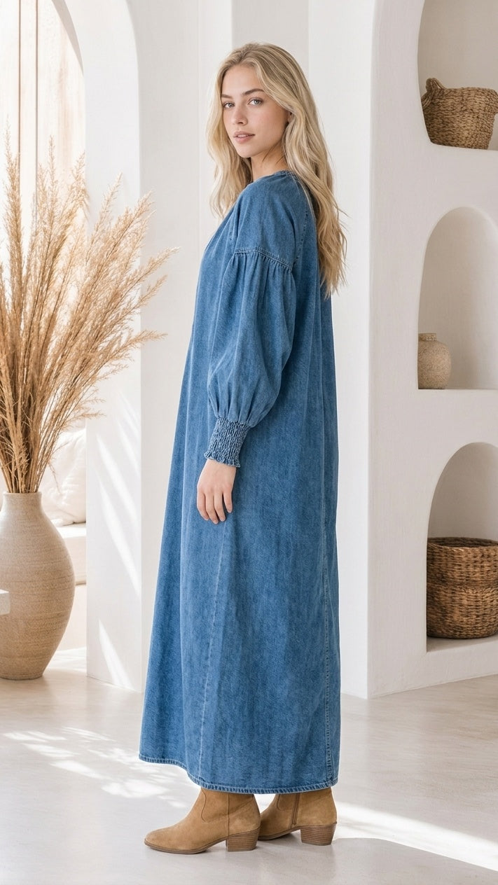 Harper Denim Maxi Dress – Three Quarter