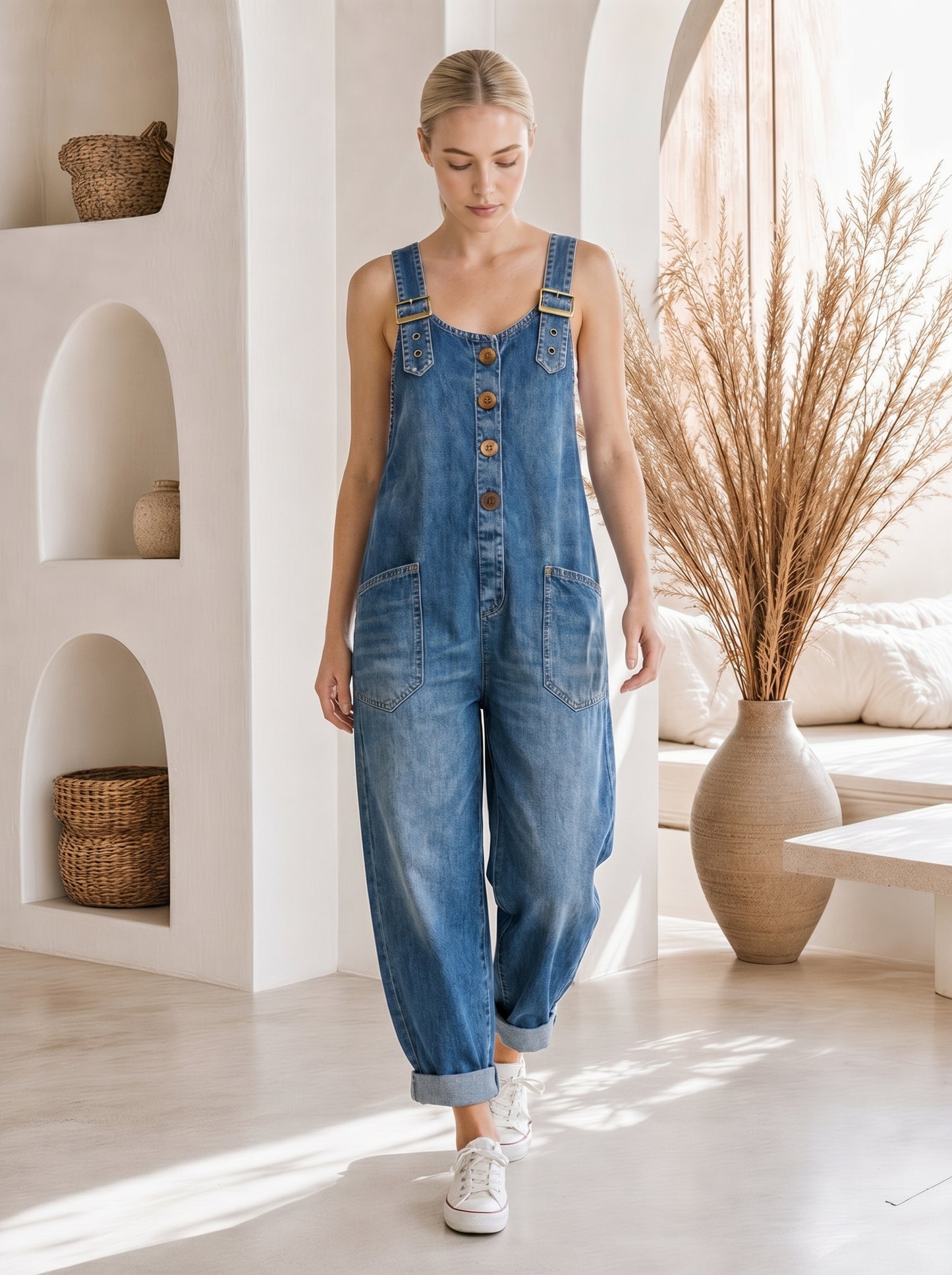 Sienna™ Barrel-Leg Denim Overalls – Mid-Wash Blue lifestyle