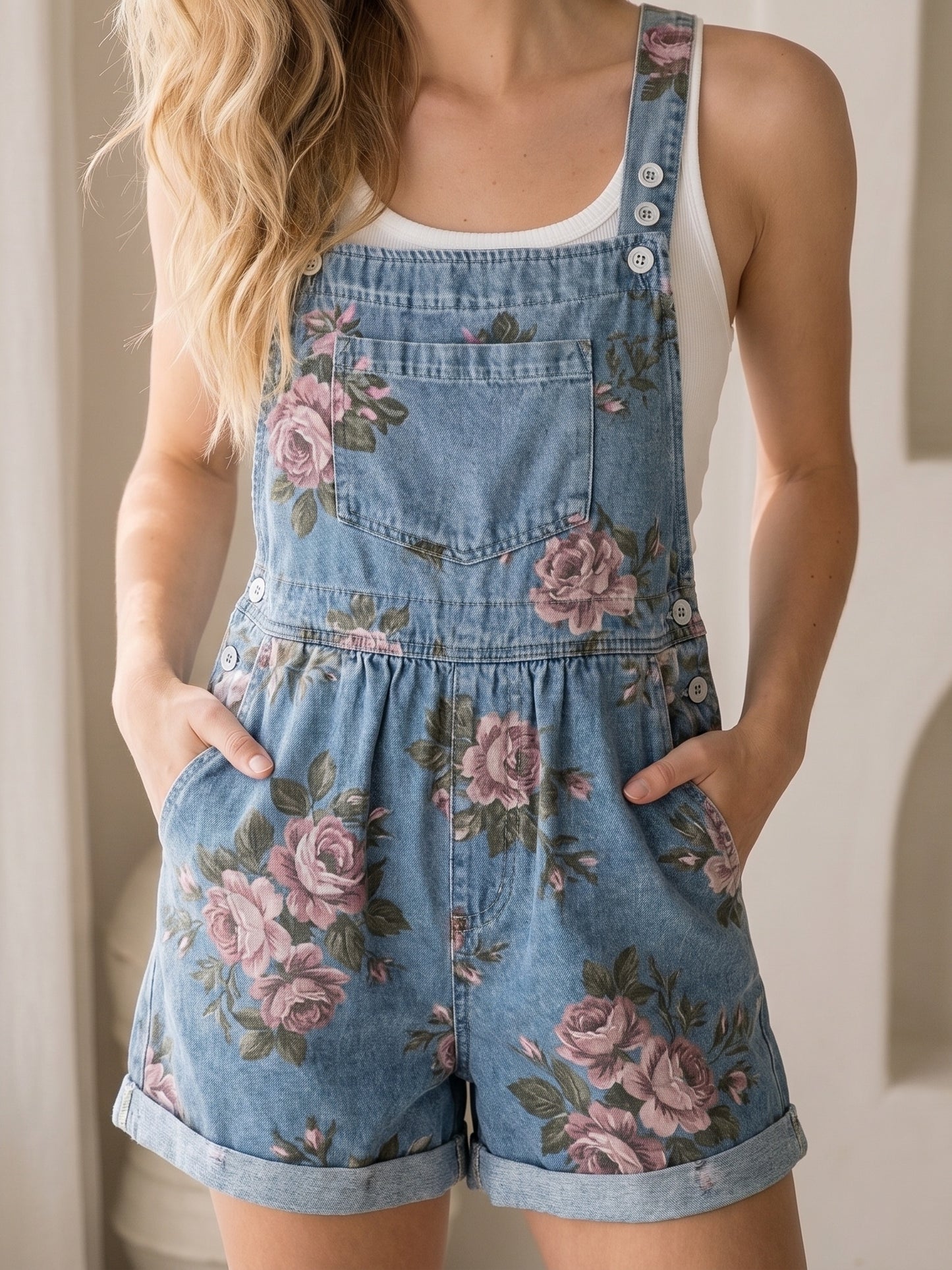 Rosie™ – Floral Denim Short Overalls