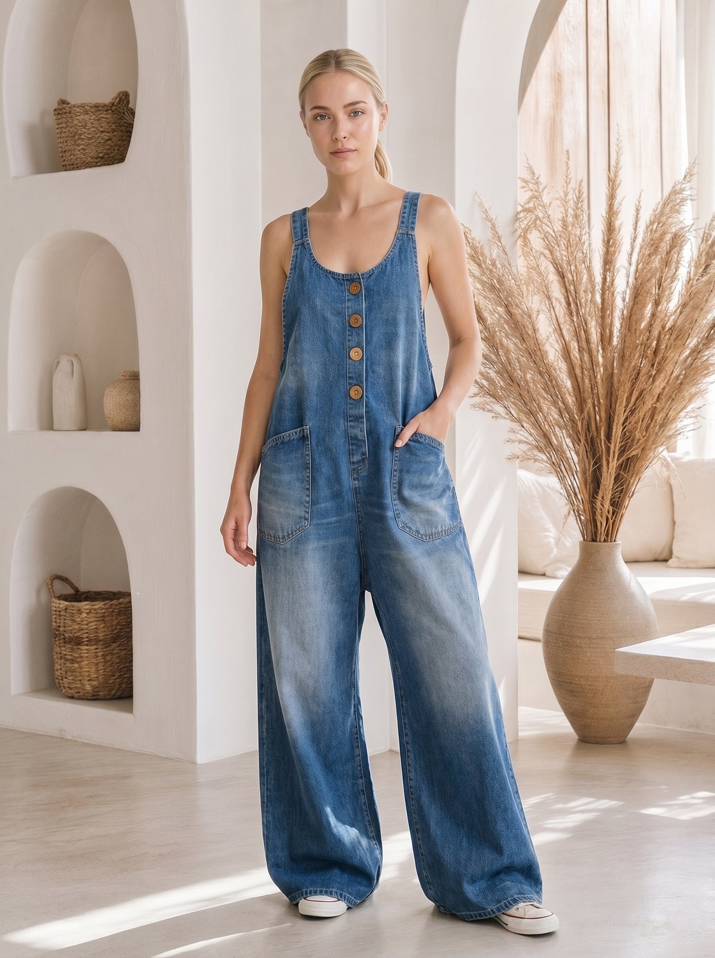 Saylor Wide-Leg Palazzo Overalls – Front view