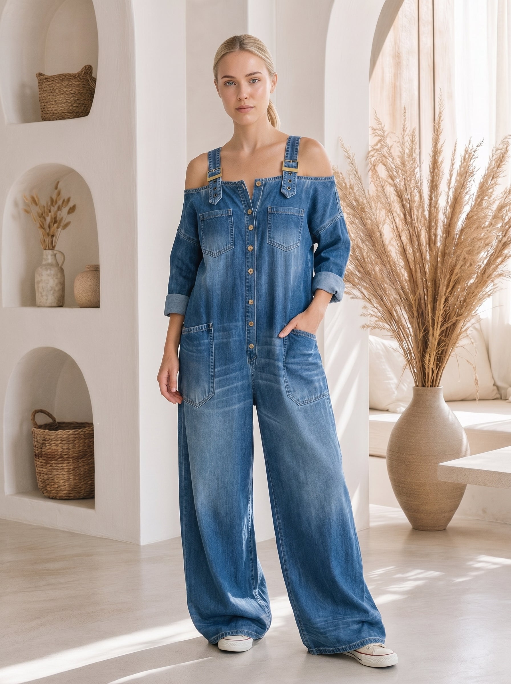 Sophia Wide-Leg Denim Jumpsuit – Front
