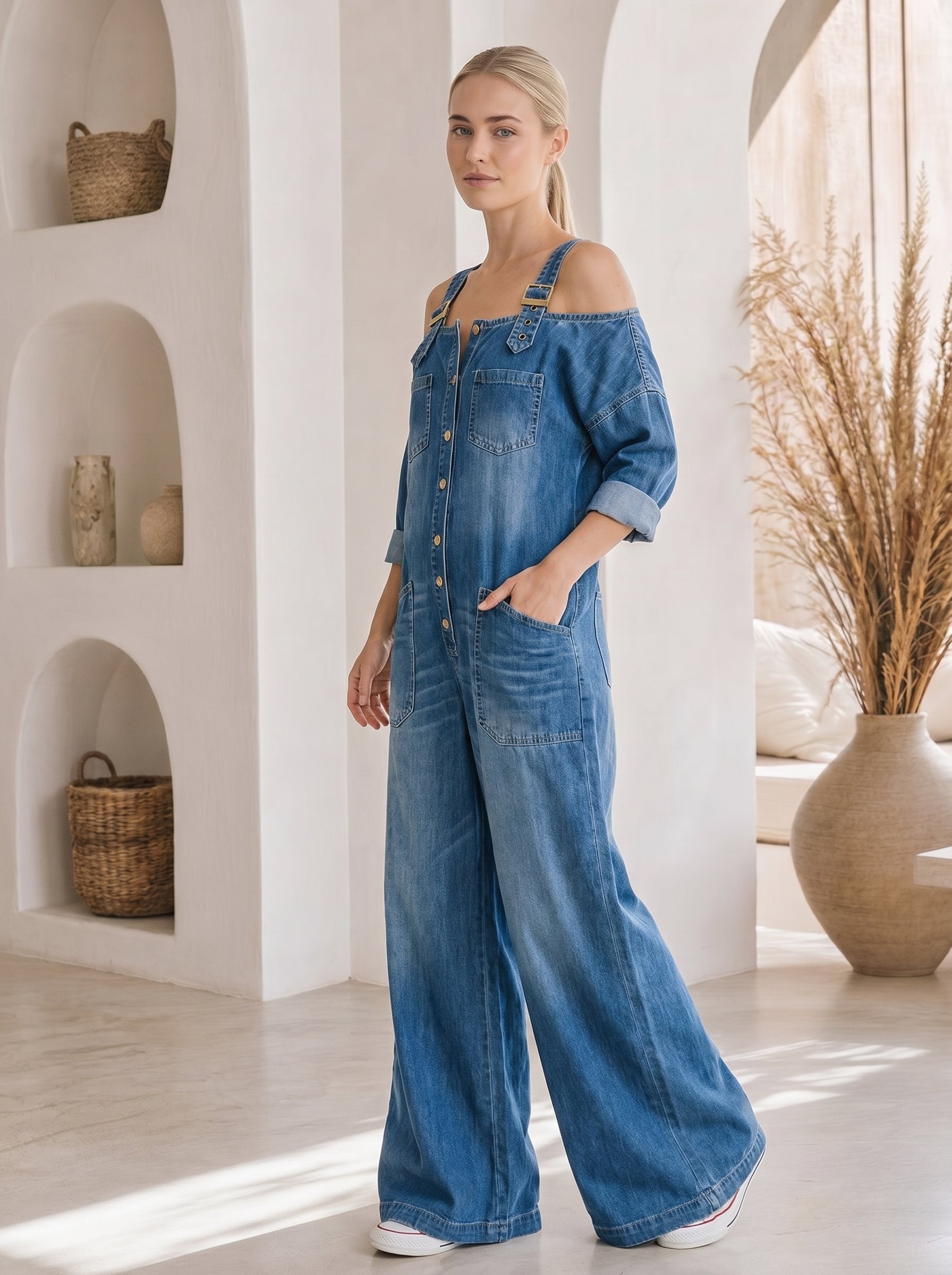 Sophia Wide-Leg Denim Jumpsuit – Side