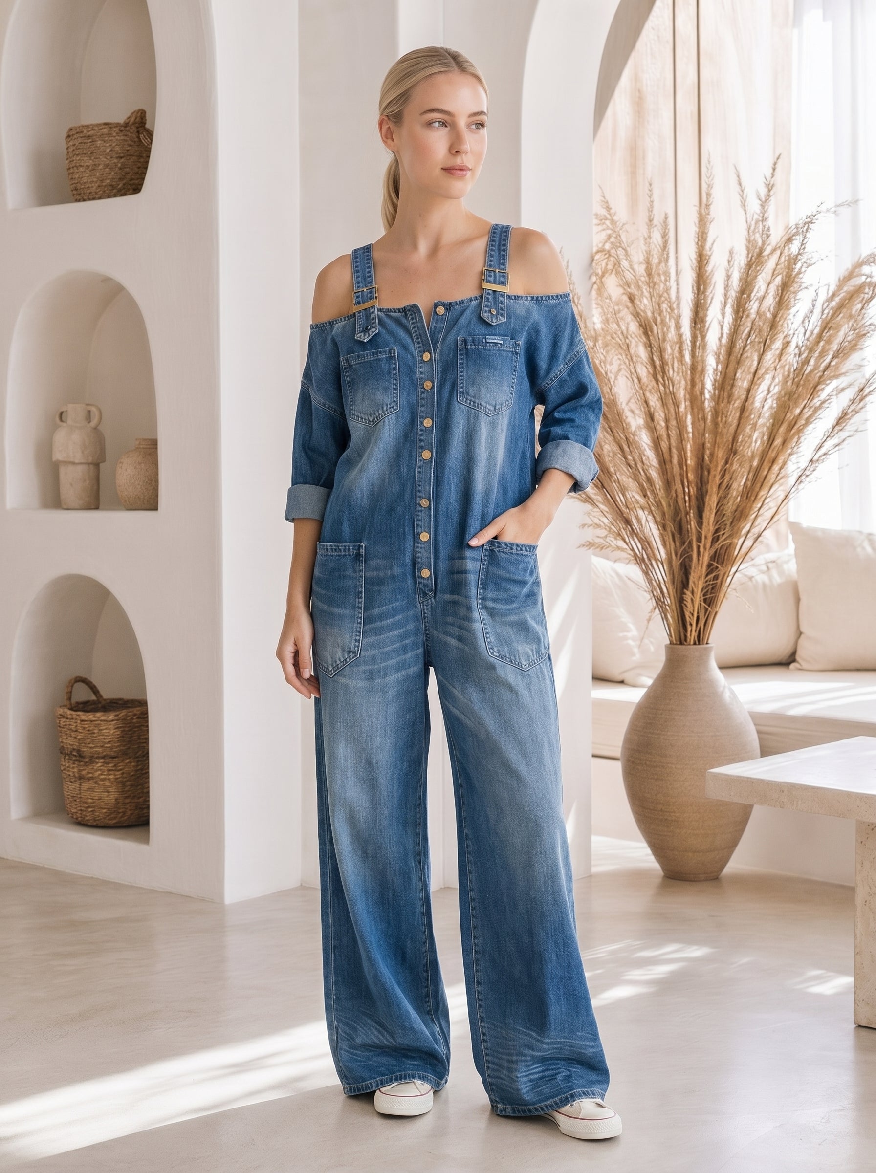 Sophia Wide-Leg Denim Jumpsuit – Front Alt